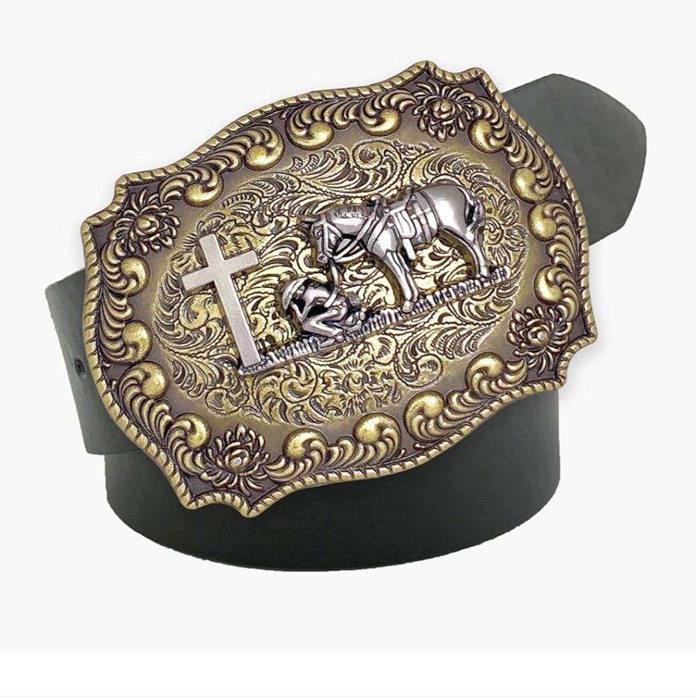 New Faith Horse and cowboy praying at cross Belt buckle